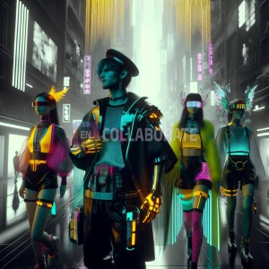 A 2050s cyberpunk fashion ensemble